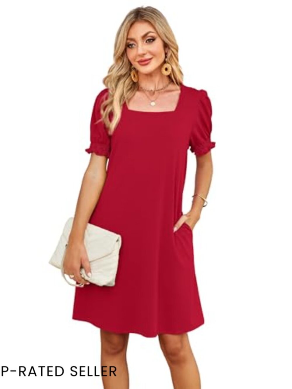 Square Neck Puff Sleeve Casual Dress with Pockets Chic Summer A-Line - Picture 4 of 7